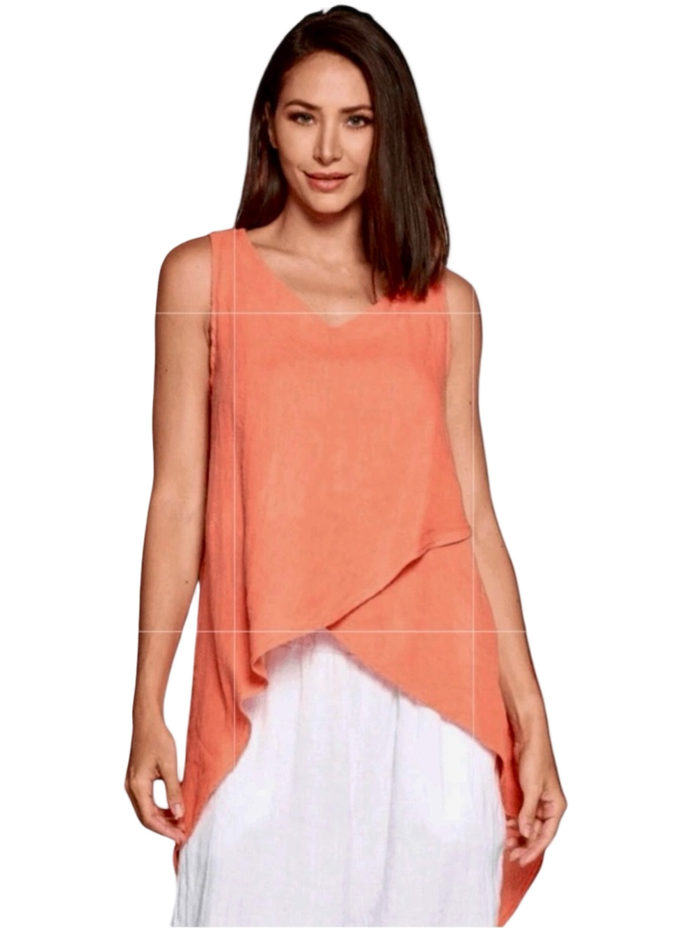 PURE MATCH Top High Low V-Neck Sleeveless Linen Coral Orange Women Size L  NWT